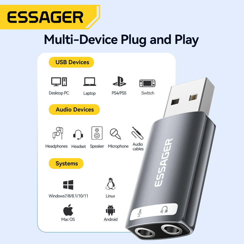 Essager USB كارت الصوت الخارجي - مراجعة Usb Sound Card External وسعره